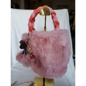 Yummy! Pink Faux Fur Mini Bag Coral Handle, Fuzzy Pink Pom pom, and Cherry Charm